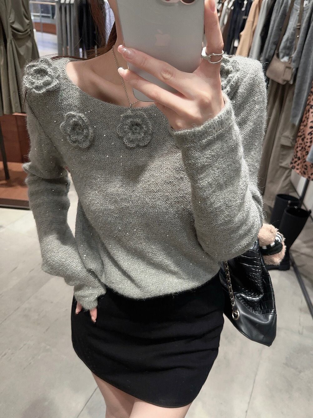 【tops】スパンコール立体フラワーニットトップス　M27222