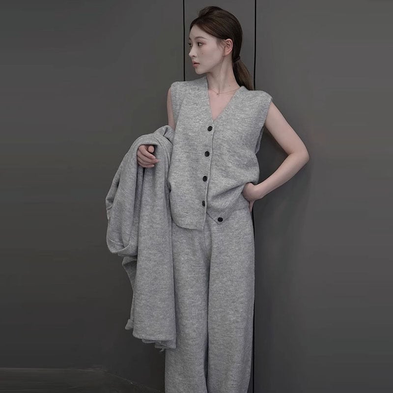 【set】ベスト×ニットカーデ×ワイドパンツ3点セット　M27267