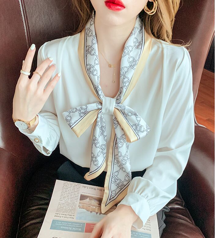 【tops】タイカラー長袖プリント配色ファッションゆったり着回しブラウスF0601