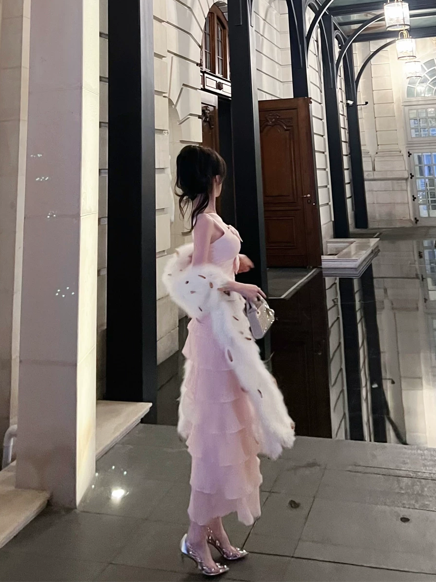 【dress】リボン付きティアードキャミワンピース Q7679