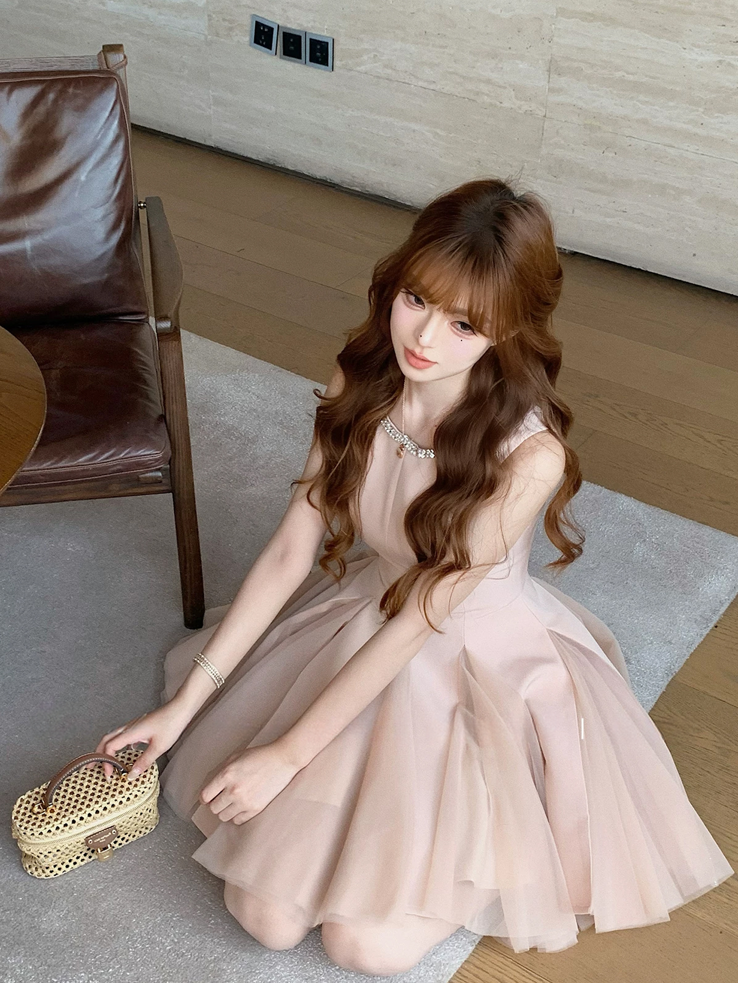 【dress】 ラインストーン付きノースリーブチュールドッキングフレアワンピース Q8881