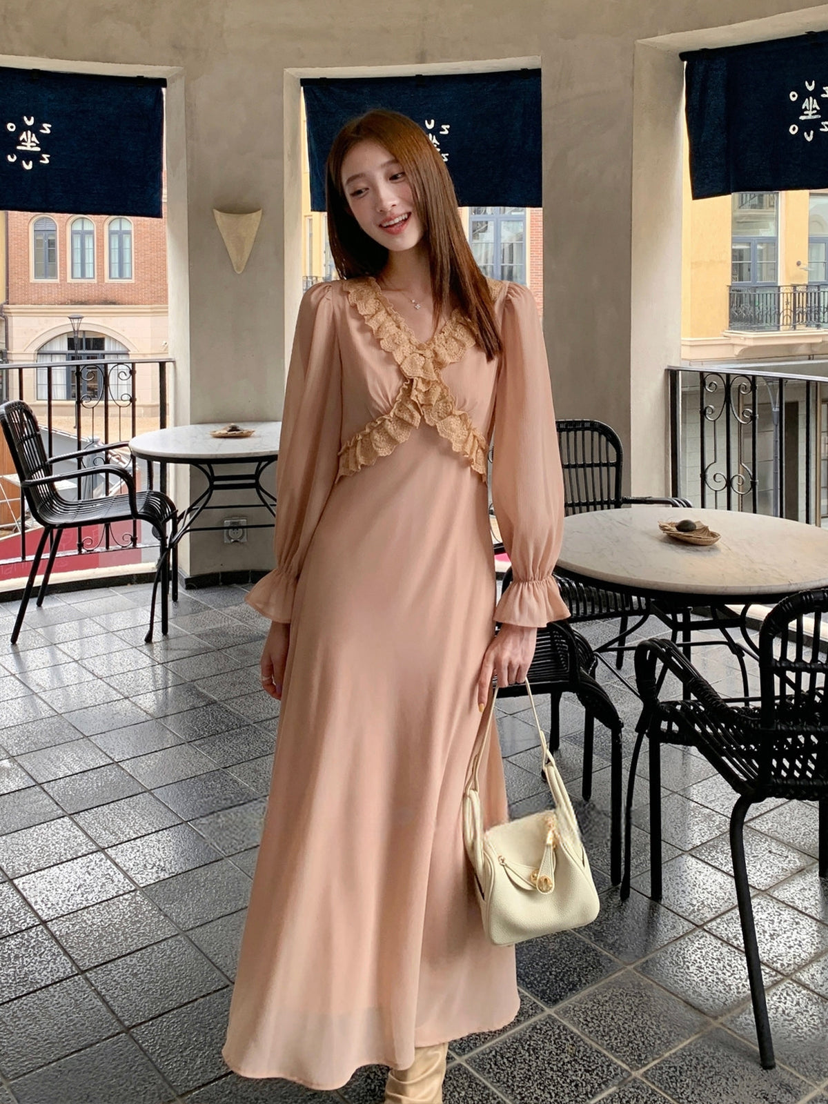 【dress】ギャザーフリルロングワンピース Q8933