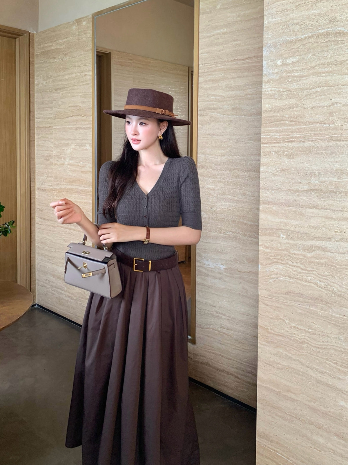 【dress】半袖ニットドッキングロングワンピース Q8920