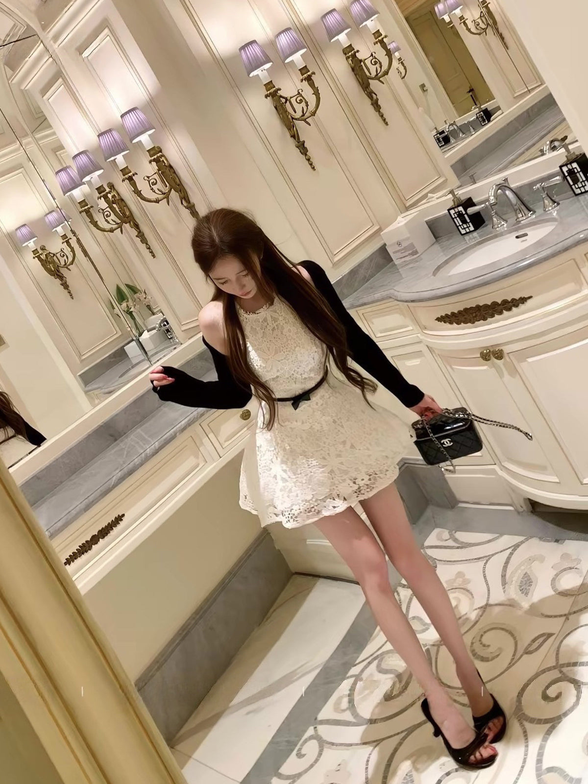 【dress】リボンベルトレースワンピース Q8755
