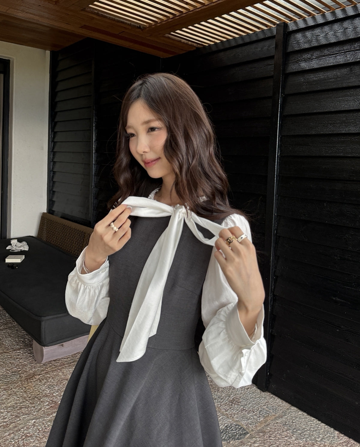 【dress】リボン付きフェイクレイヤードワンピース Q8928
