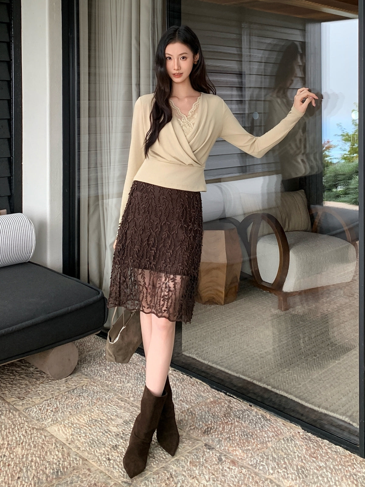【tops】レースドッキングクロスネックトップス Q8923