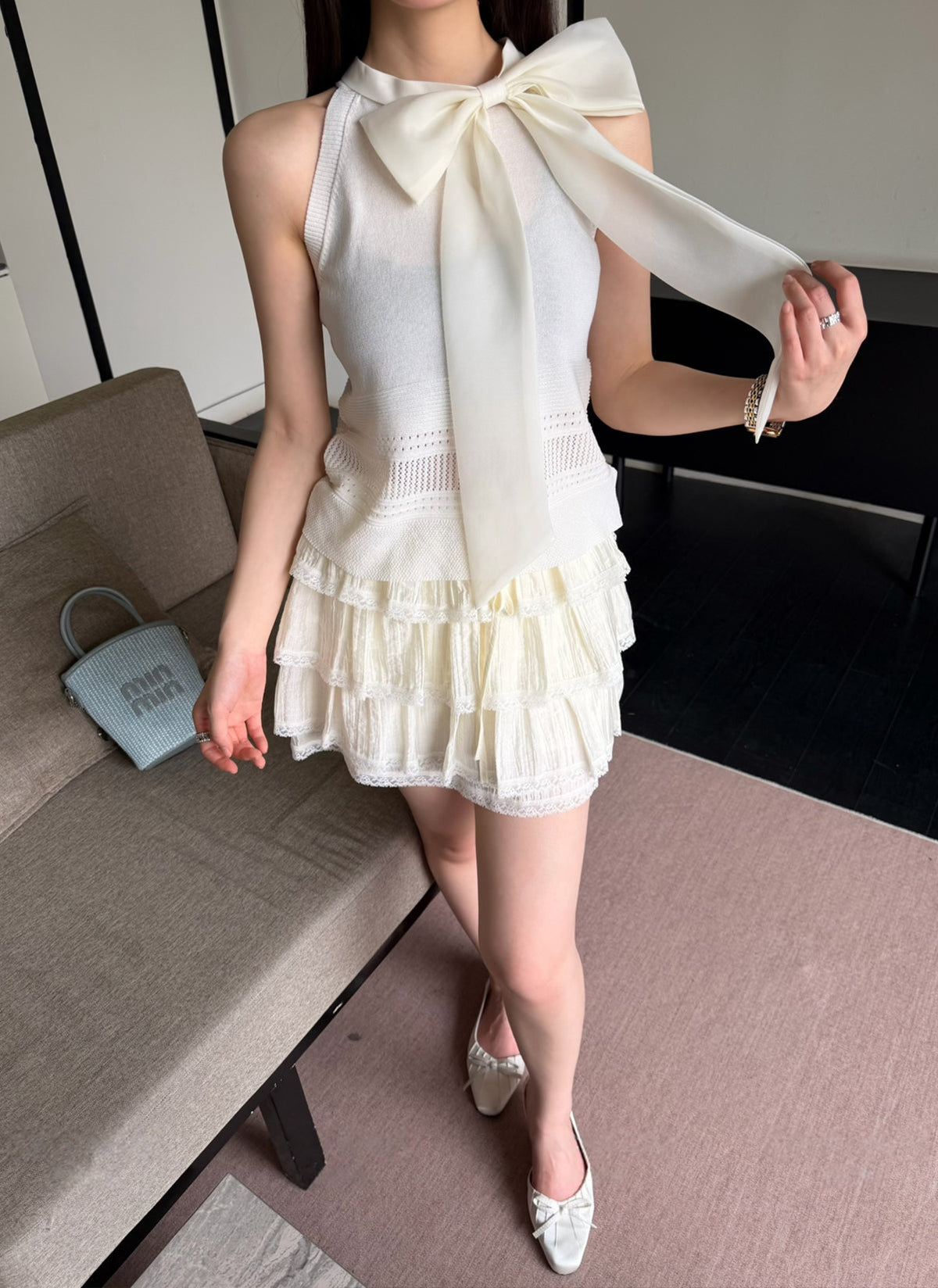 【tops】リボン付きノースリーブニットトップス Q8775