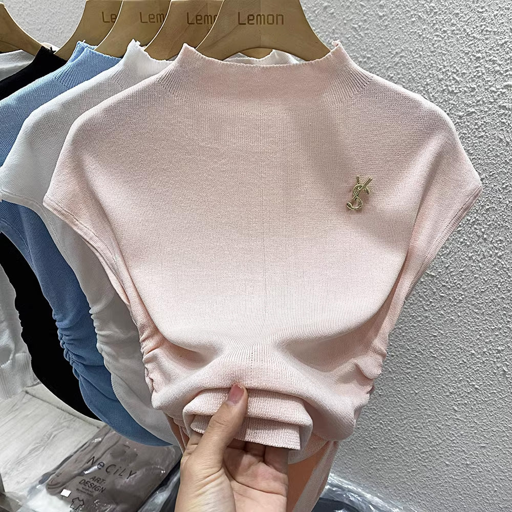 【tops】4色半袖ニットTシャツF7760