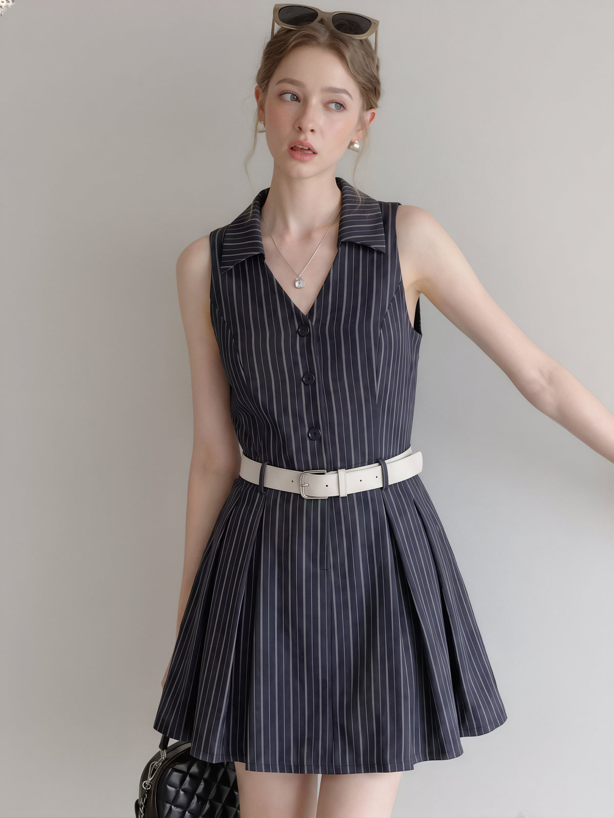 【dress】ノースリーブストライプ柄シャツワンピース Q8829