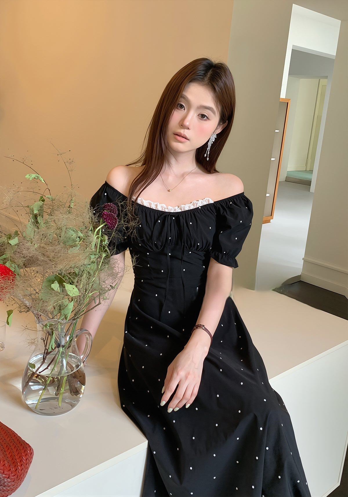 【dress】ドット柄レースドッキングロングワンピース Q8754