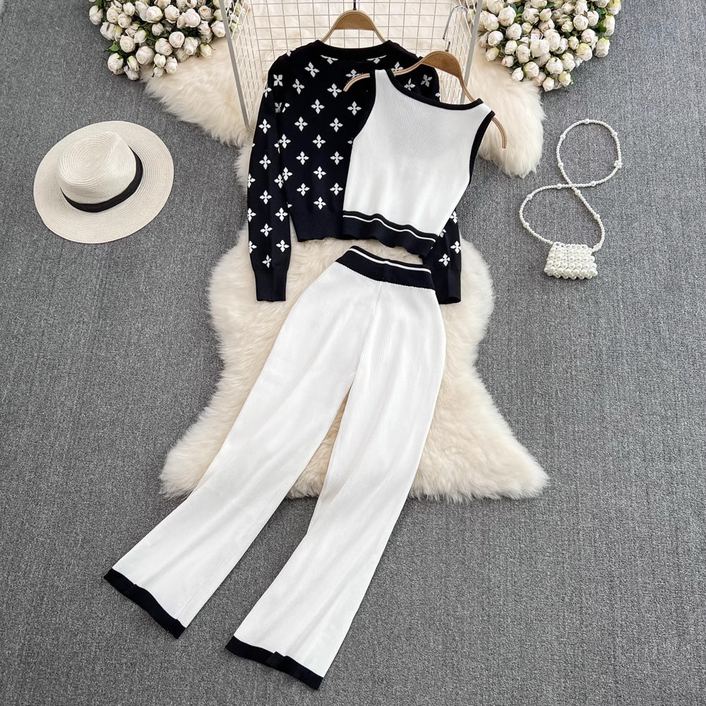 【set】長袖カーディガン＋タンクトップ+ガウチョパンツニット3点セットF7986