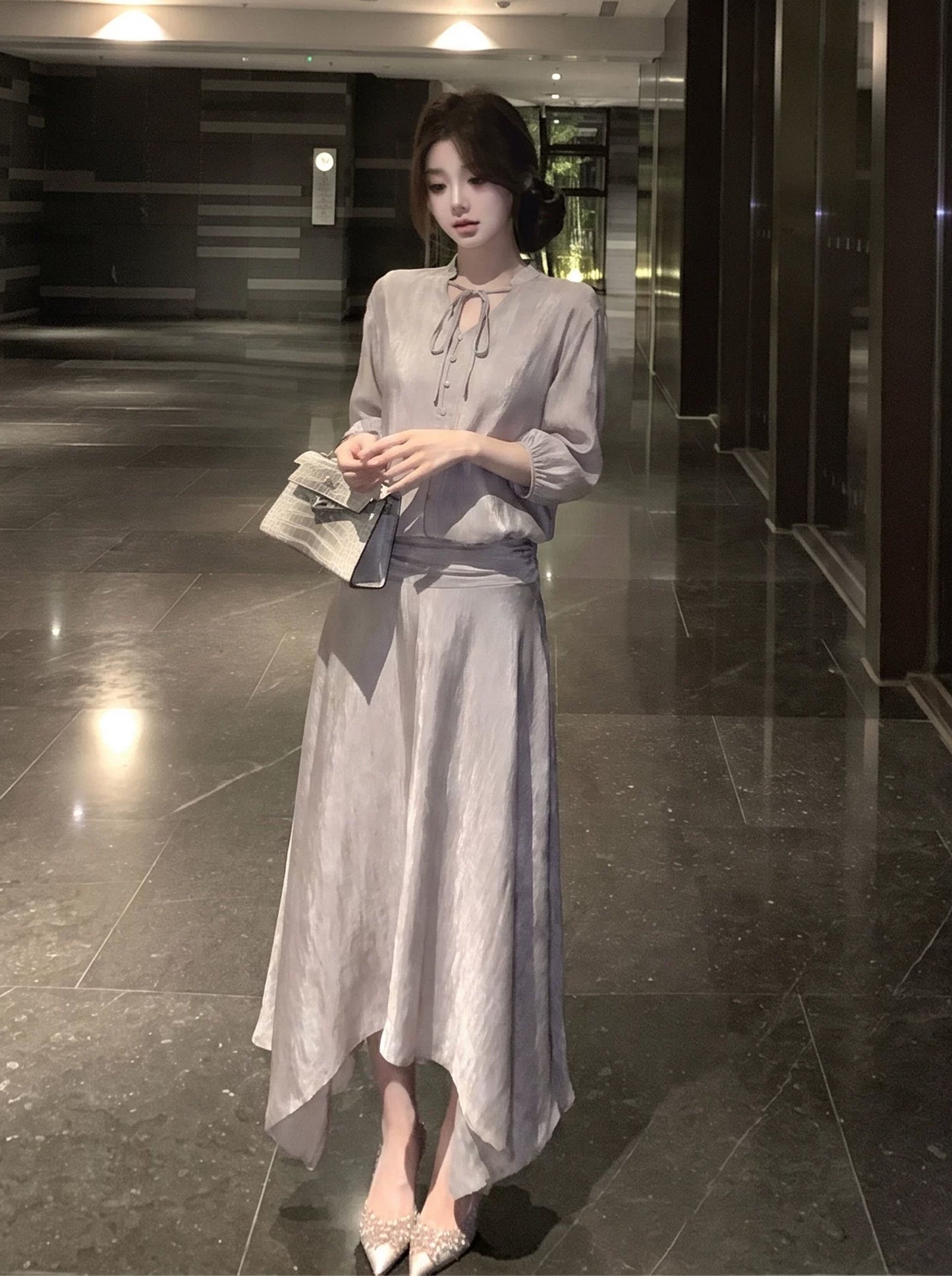 【dress】七分袖リボン付きワンピース Q8917