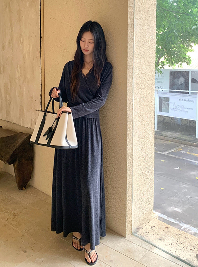 【set】レースドッキングトップス×ロングスカートセット Q8927