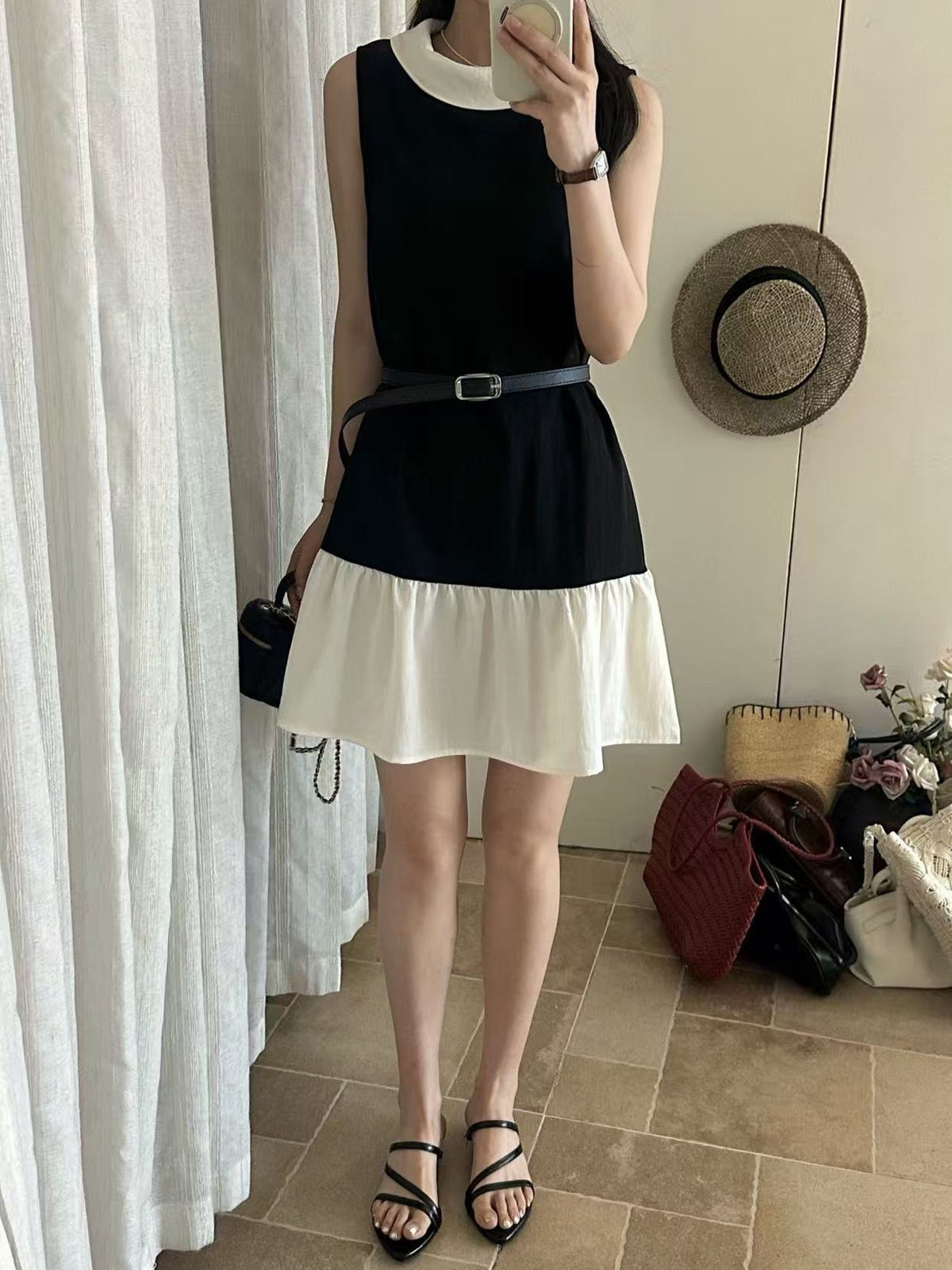【dress】ノースリーブ襟付き配色ワンピース Q8712