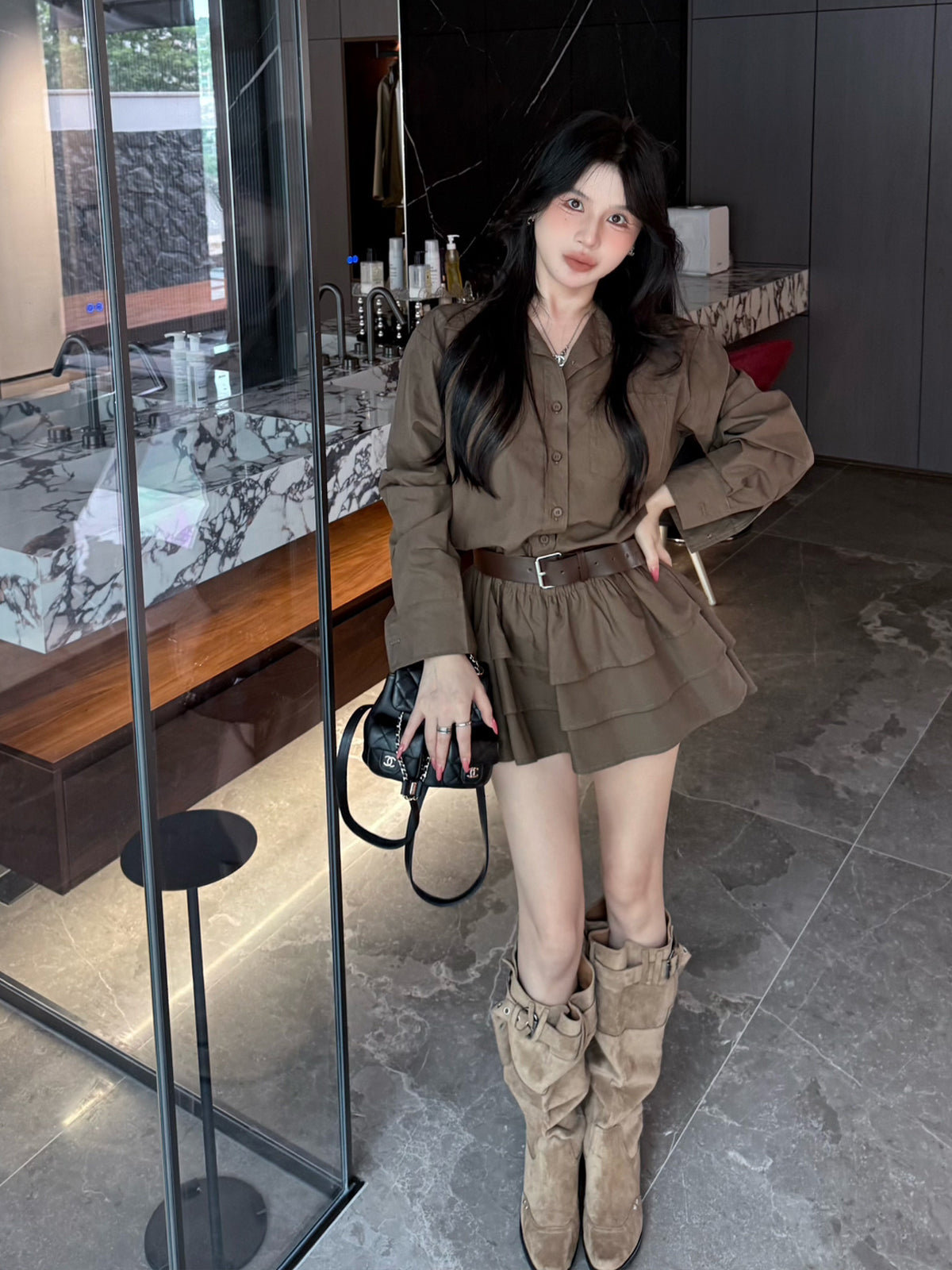 【dress】ベルト付きティアードシャツワンピース Q9045