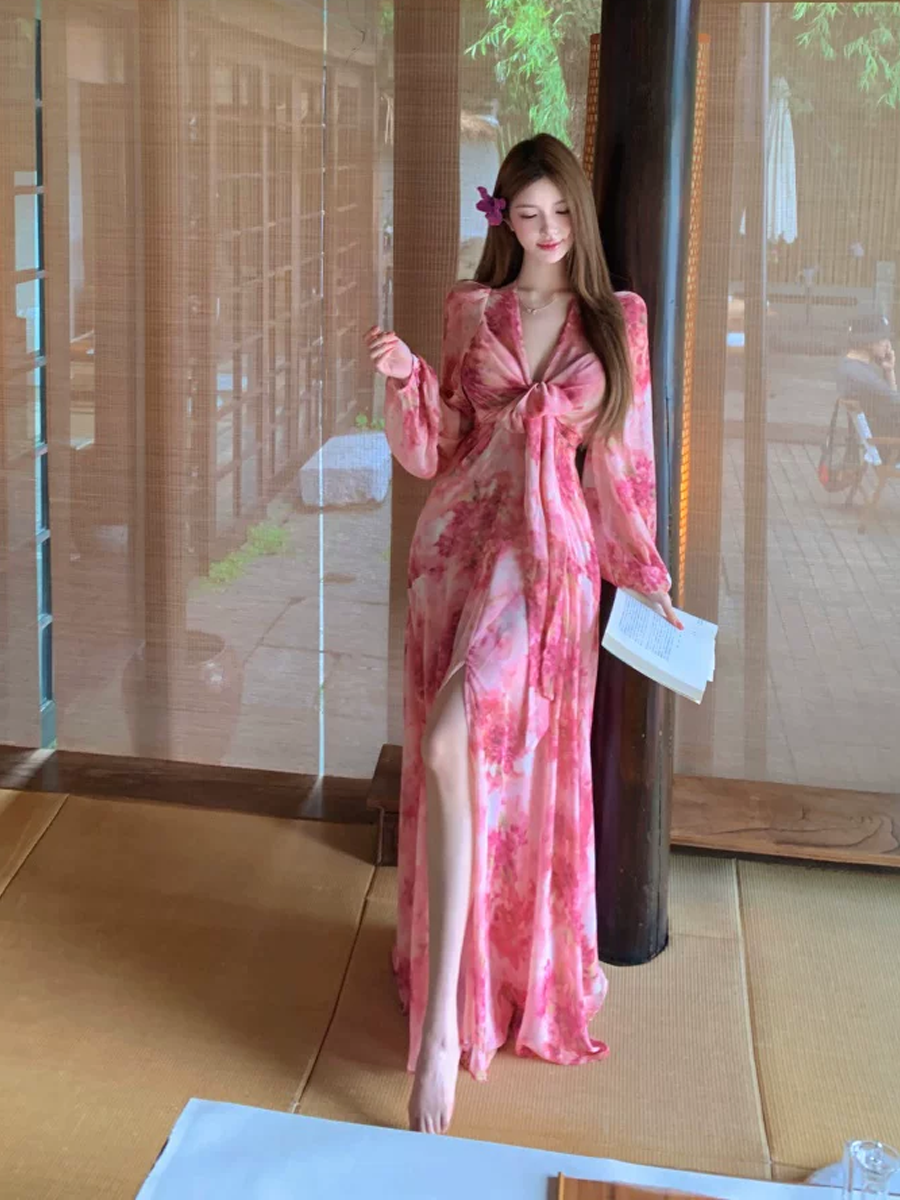 【dress】フラワー柄シフォンロングワンピース Q8619