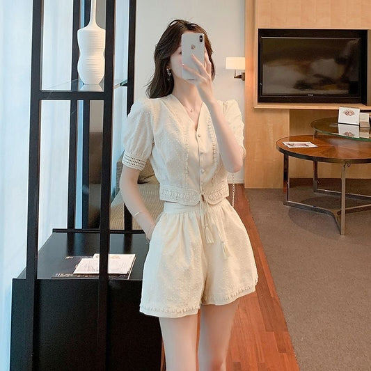 【set】Vネックトップス+ショートパンツ2点セットF7486