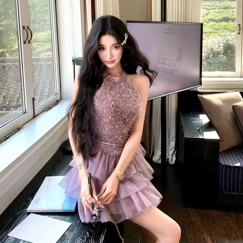 【dress】ノースリーブ立体感バラティアードワンピース Q8474