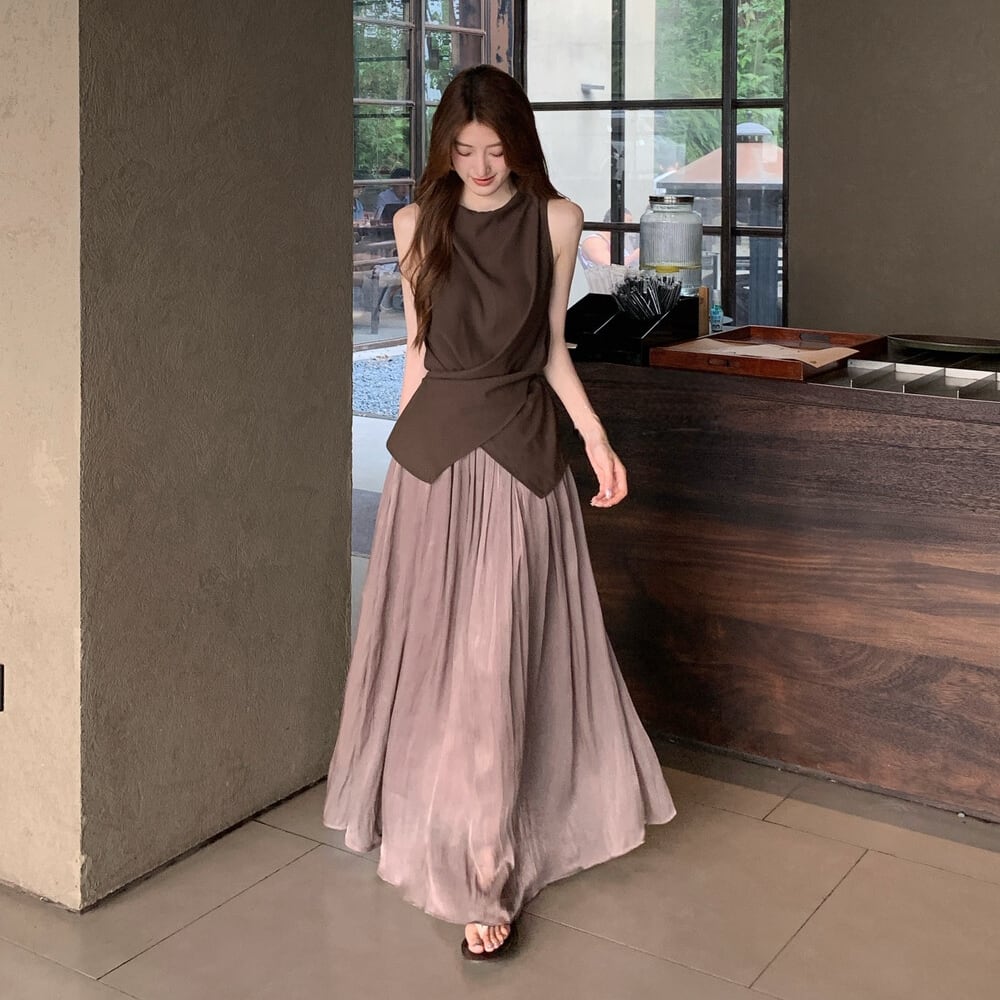 【set】バックリボントップス×ロングスカートセット N3579