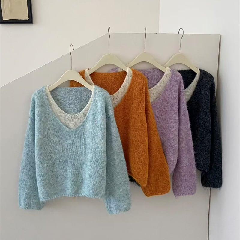 【tops】フェイクレイヤードニットトップス Q7072