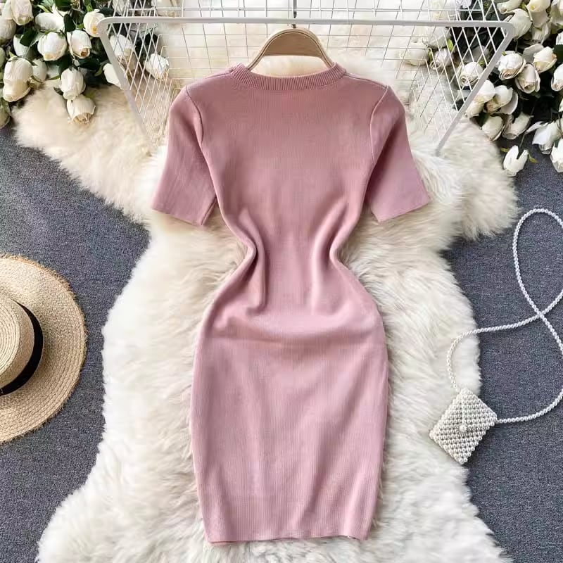 【dress】半袖体型カバーニットワンピースF7525