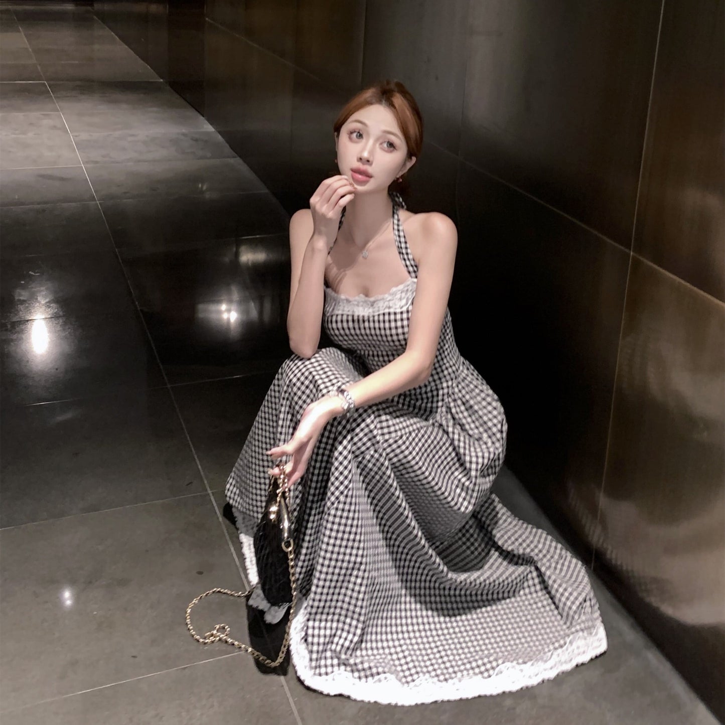 【dress】レース切り替えバックリボンチェック柄ワンピースF7789