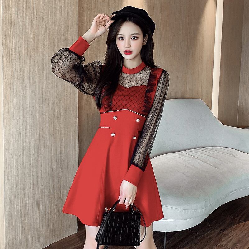 【dress】エレガント!気質満点レトロ切り替え長袖体型カバー着痩せ春フランス風ワンピース G5325