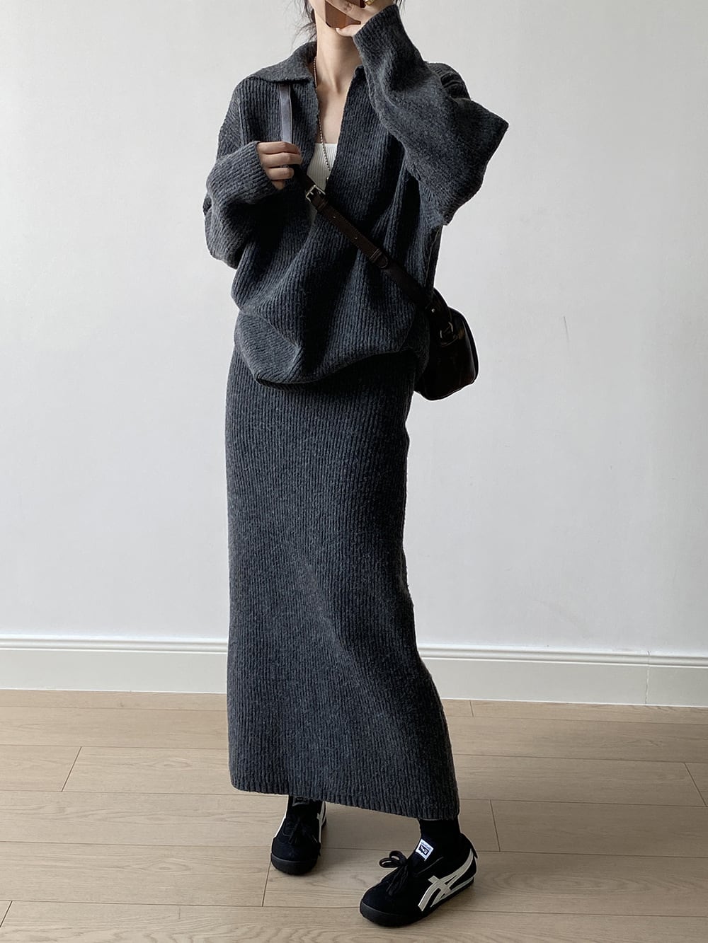 【set】Vネックニットトップス×ロングスカートセット　N3441
