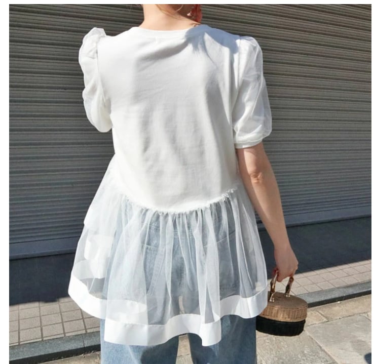 【tops】チュール切り替えTシャツ　M24045