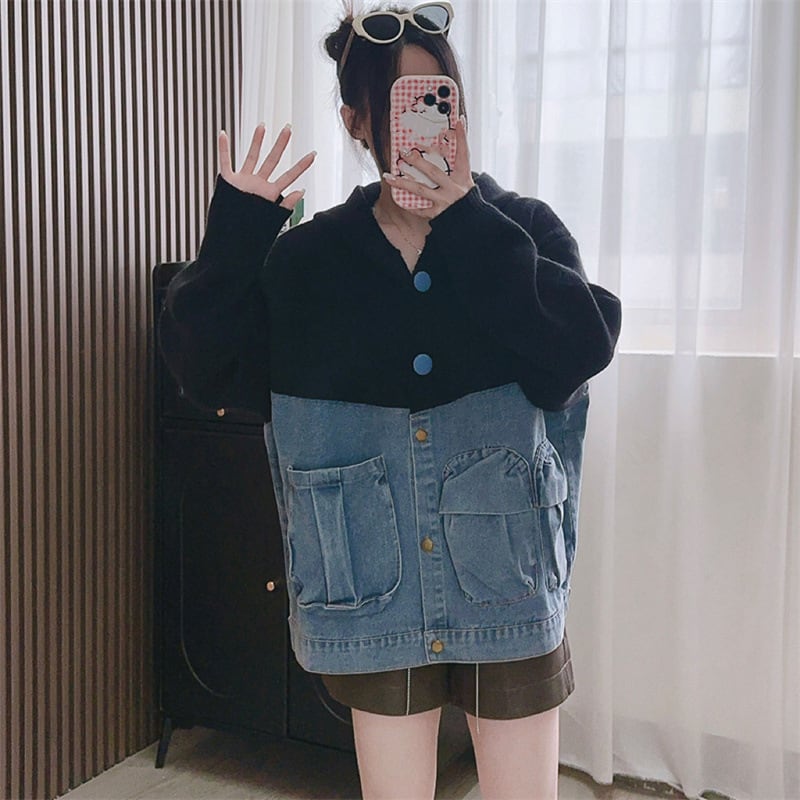 【outer】デニム切り替えニットカーデ　M25789