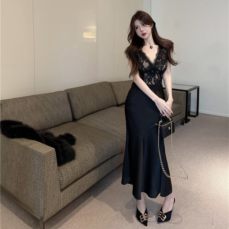 【set】ファーコート+レースマーメイドワンピースセット　M26359