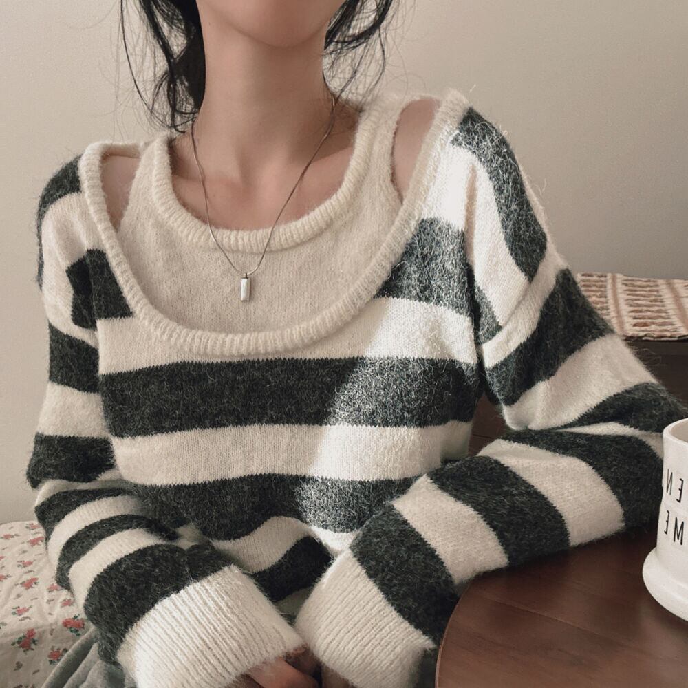【tops】ボーダー柄切り替えニットセーター　M27774