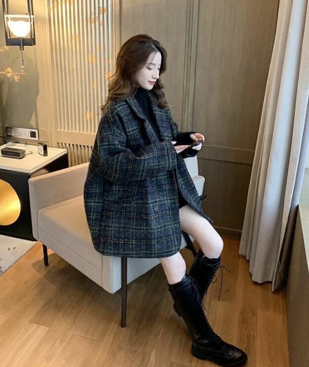 【outer】気質溢れる♪大きいラペル長袖チェック柄ゆったり着回し厚手コートF0844