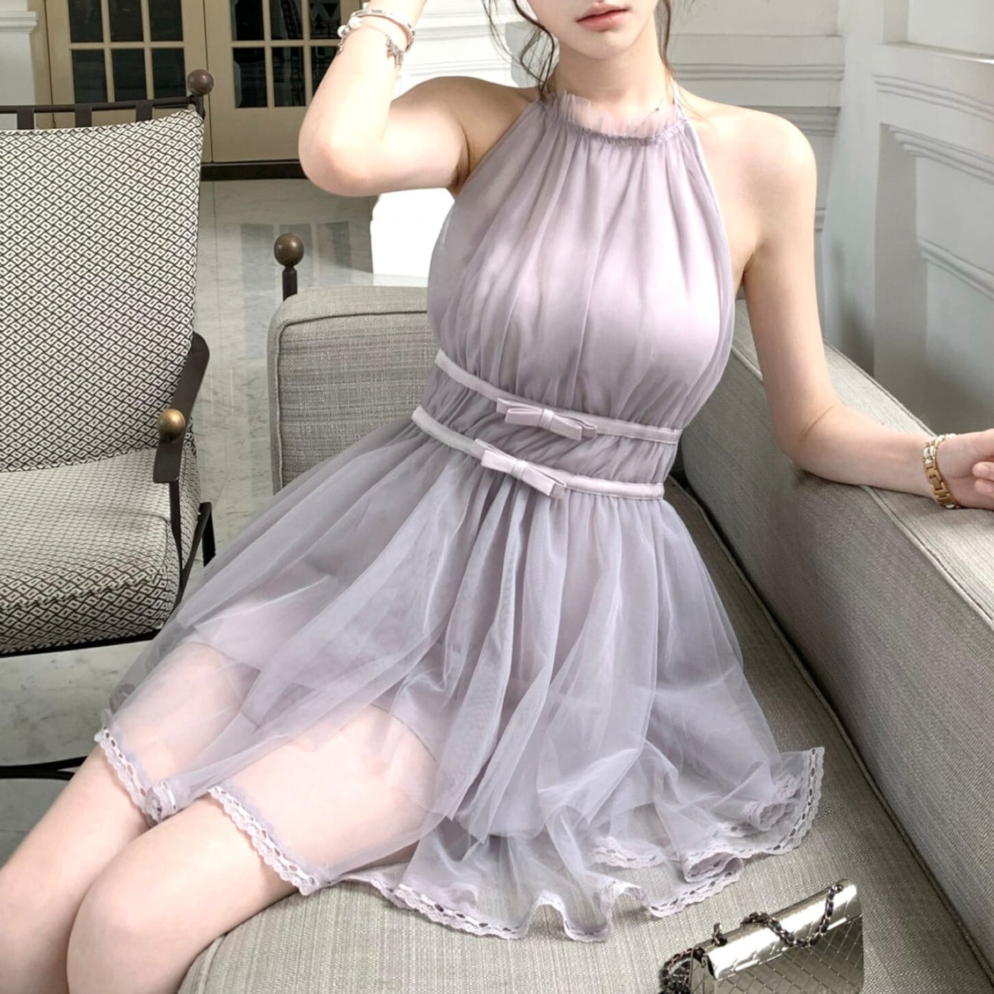 【dress】バックリボンチュールミニワンピース　M31380