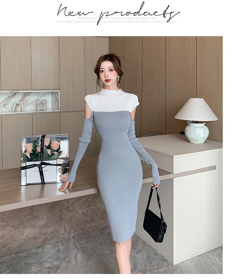 【dress】配色ドッキングオフショルダーニットワンピース　M18121