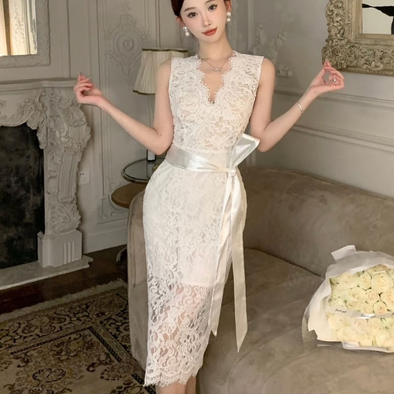 【dress】Vネックレースタイトワンピース G21008