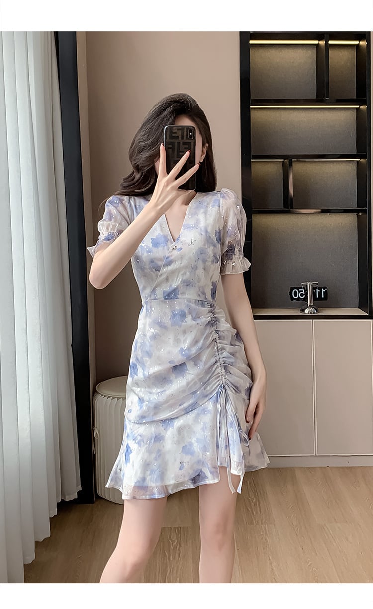 【dress】Vネック花柄シフォンマーメイドワンピース G21275