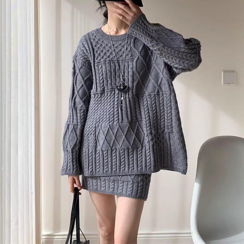 【set】ロングニットトップス×ストレートスカート×レッグウォーマー3点セット Q7720