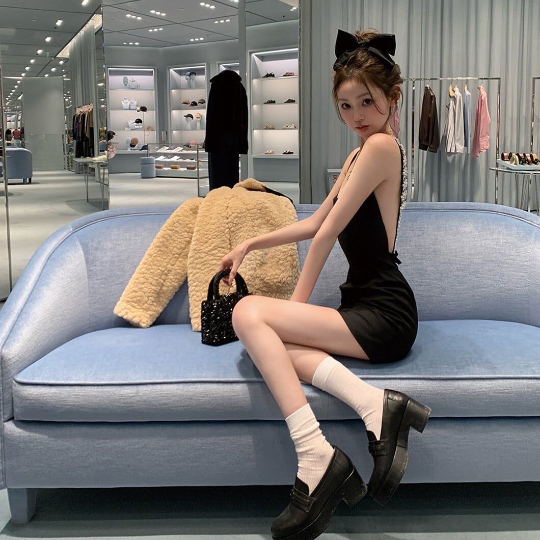 【dress】バックレスビジューミニワンピース　N3521