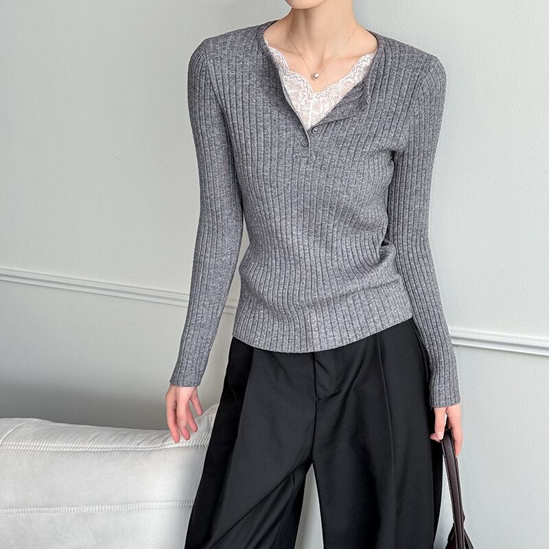 【tops】レースドッキングニットトップス Q6969