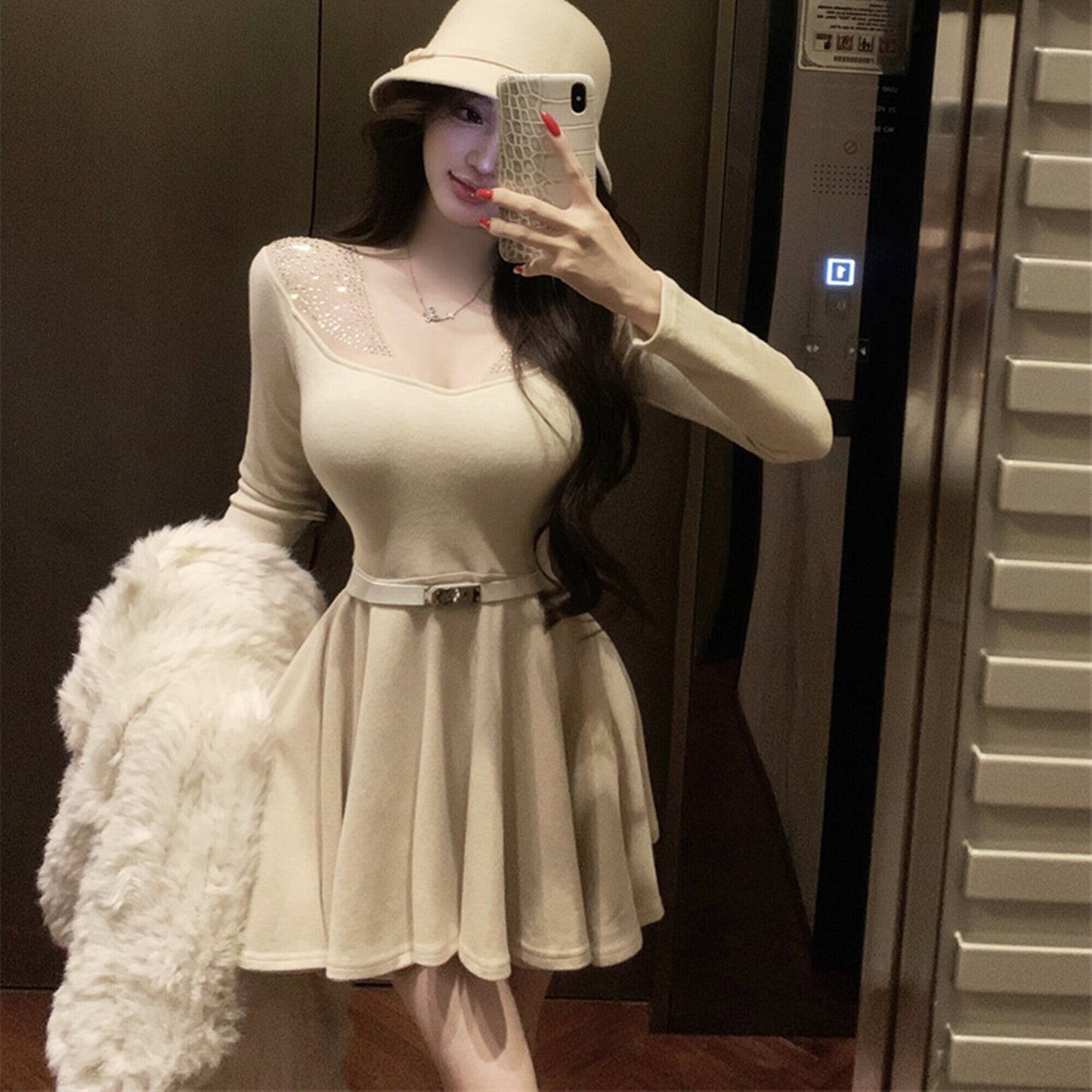 【dress】ラインストーンチュールニットミニワンピース　N3508