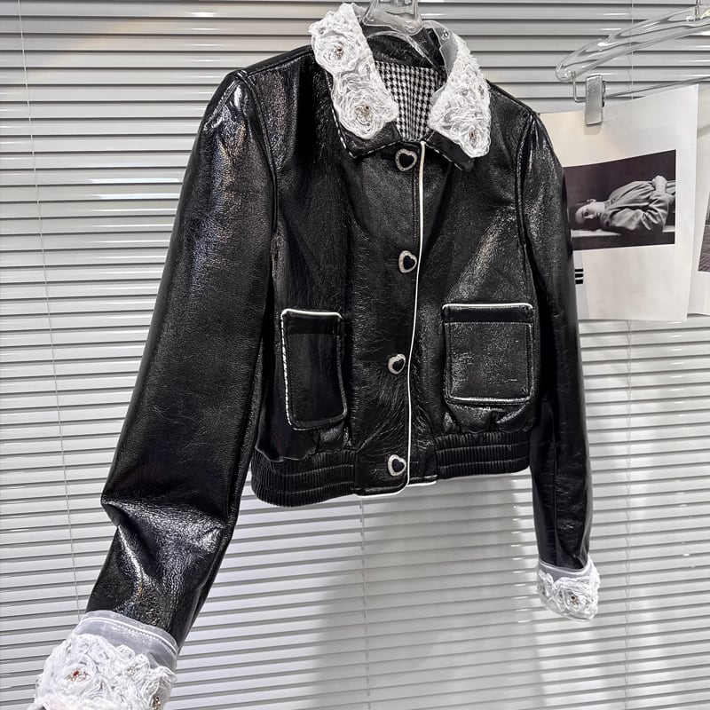 【outer】レースドッキングPUジャケット Q7334
