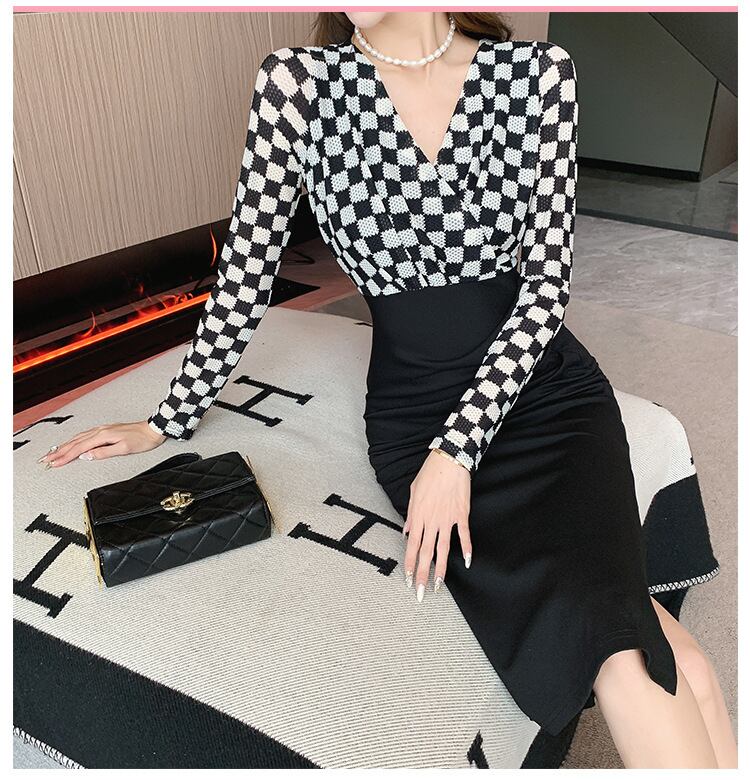 【dress】Vネック長袖切り替えワンピースG16919