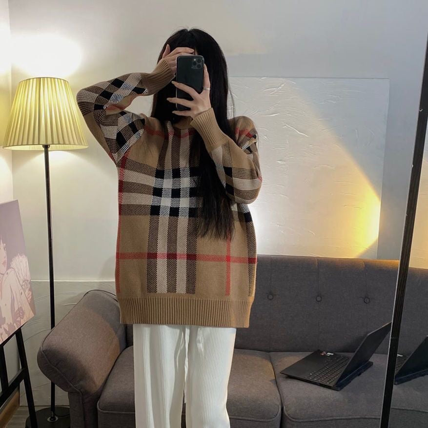 【tops】チェック柄長袖ニットセーターF8145