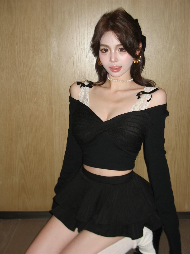 【tops】Vネックレース切り替えトップス　M27645