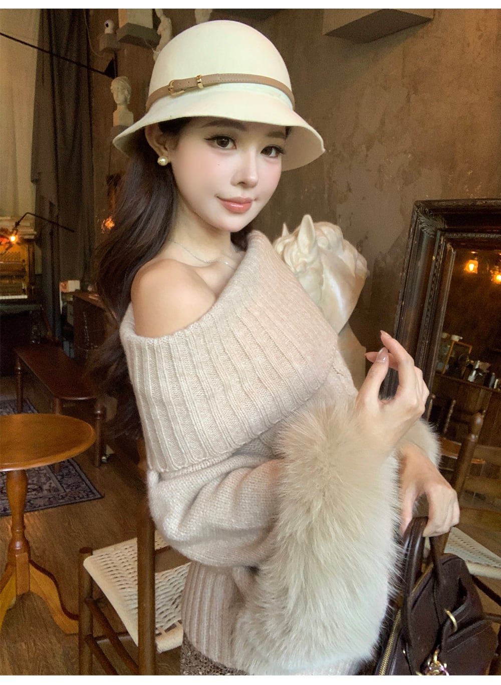 【tops】2WAY袖ファーオフショルニットトップス　N3378