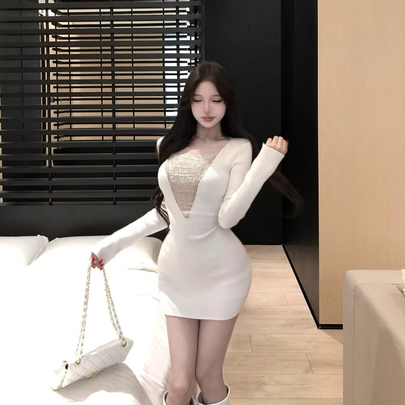 【dress】チェンドッキングニットワンピース Q8138