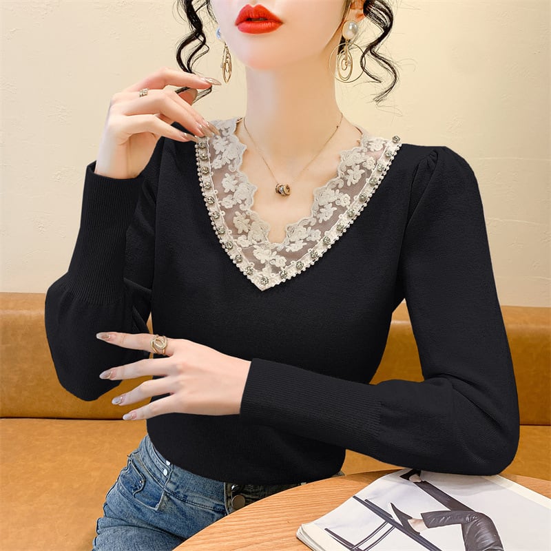 【tops】Vネックレース切り替えニットトップス　M28260