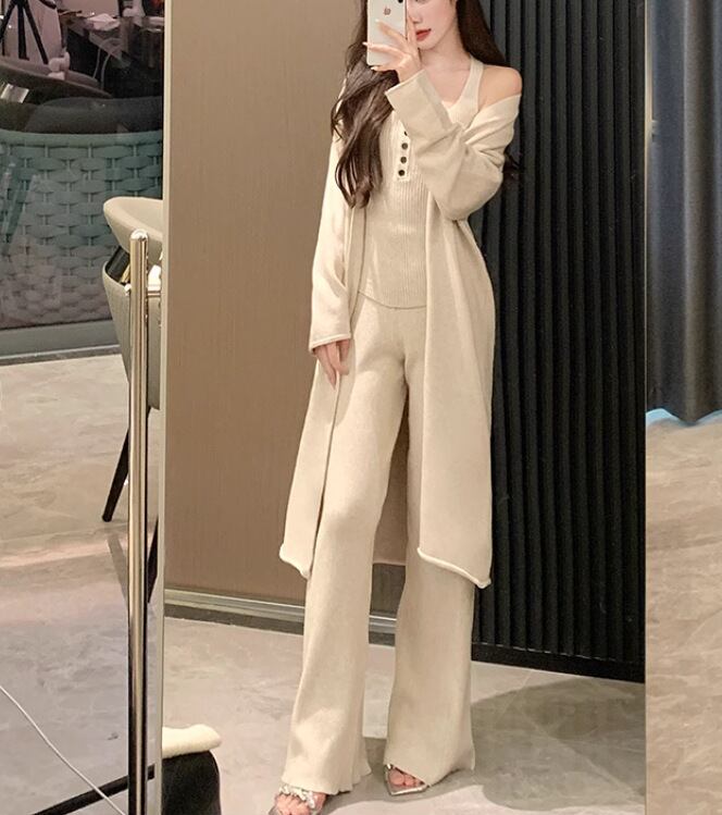 【set】ロング丈ニットカーデ×キャミソール×ワイドパンツセット　M27140