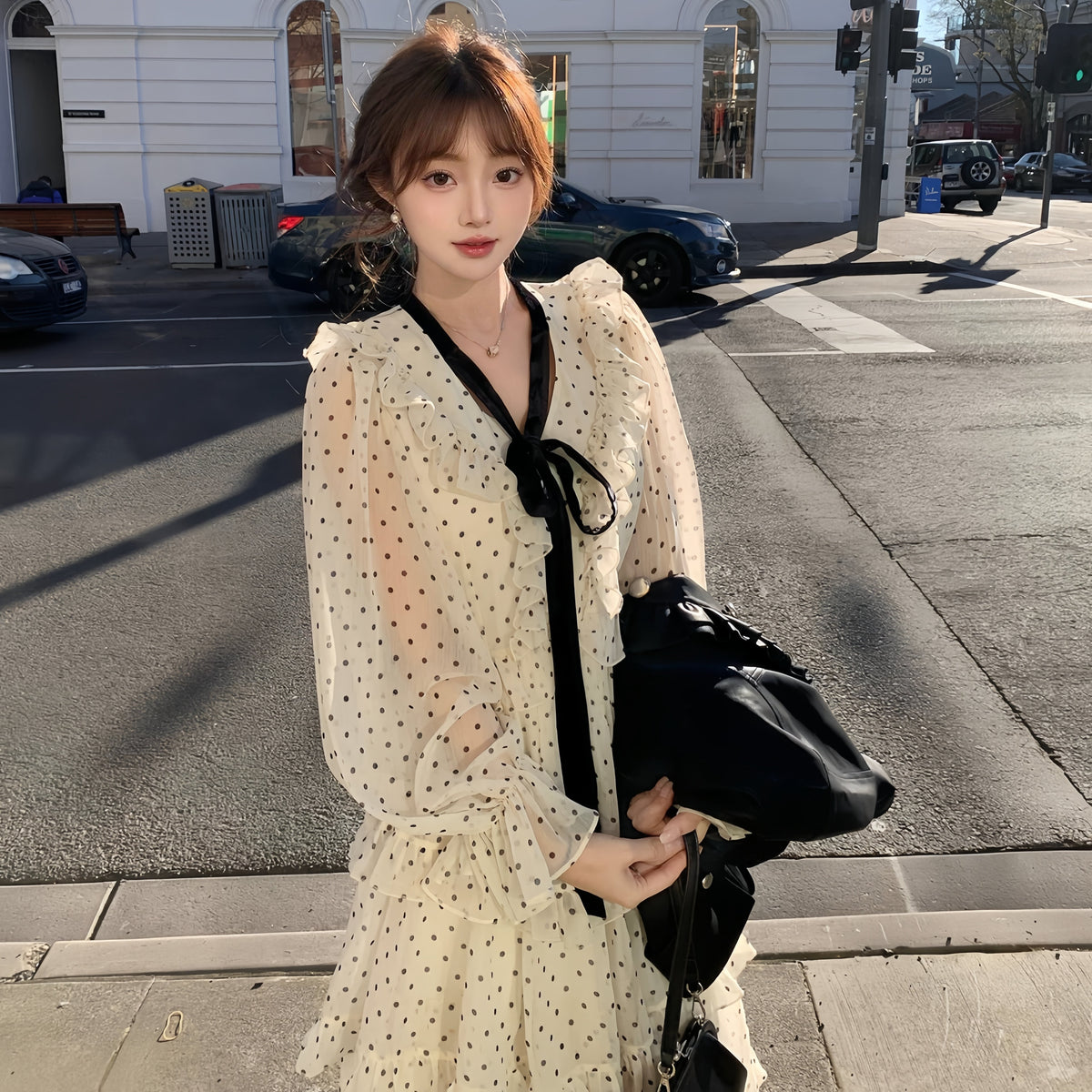 【dress】ビッグリボンドット柄ティアードワンピース　N3324